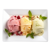 Four scoops of different flavour ice cream on a plate,AI Generative png