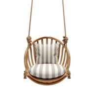 un' di legno swing sedia con un' a strisce cuscino, ai generativo png