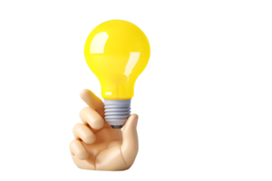 en hand innehav en gul ljus Glödlampa på en transparent bakgrund,ai generativ png