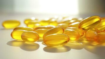 Transparent yellow vitamins on a light background. Vitamin D, omega 3, omega 6, Food supplement oil filled fish oil, vitamin A, vitamin E, flaxseed oil. photo