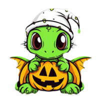 cartoon dinosaur wearing a witch hat and holding a pumpkin,AI Generative png