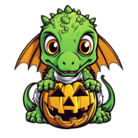 cartoon green dragon sitting on a pumpkin, AI Generative png