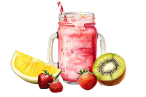 a strawberry smoothie with a slice of lemon and kiwi,AI Generative png