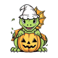 cartoon dinosaur wearing a witch hat and holding a pumpkin, png image,AI Generative