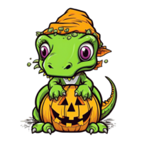 cartoon dinosaur wearing a witch hat and holding a pumpkin,AI Generative png