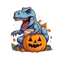 Víspera de Todos los Santos tirano saurio Rex dinosaurio dibujos animados con calabaza ilustración generativo png