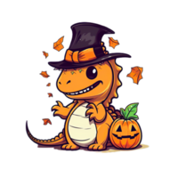 dibujos animados dinosaurio en un sombrero y calabaza, ai generativo png