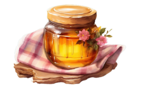 honey jar with flowers on a tablecloth transparent background,AI Generative png