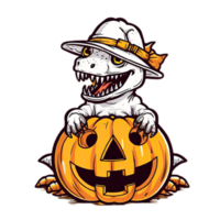 cartoon dinosaur wearing a witch hat and holding a pumpkin, png image,AI Generative