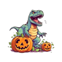 cartoon t - rex dinosaur with pumpkin on transparent background,AI Generative png