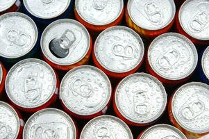 a close up of cans of soda photo