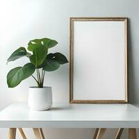 Two potted plants in front of a blank picture frame, white canvas background ,white studio background, a minimalist painting, white ambient background ,white frame border. AI Generative photo
