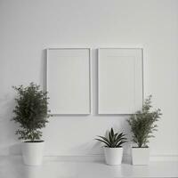 dos en conserva plantas en frente de un blanco imagen marco, blanco lona antecedentes ,blanco estudio fondo, un minimalista cuadro, blanco ambiente antecedentes ,blanco marco borde. ai generativo foto