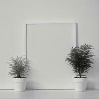 dos en conserva plantas en frente de un blanco imagen marco, blanco lona antecedentes ,blanco estudio fondo, un minimalista cuadro, blanco ambiente antecedentes ,blanco marco borde. ai generativo foto