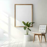 Two potted plants in front of a blank picture frame, white canvas background ,white studio background, a minimalist painting, white ambient background ,white frame border. AI Generative photo