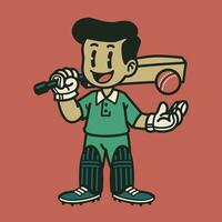 Happy and Cute Cricket Boy Player in Vintage Retro Style vector