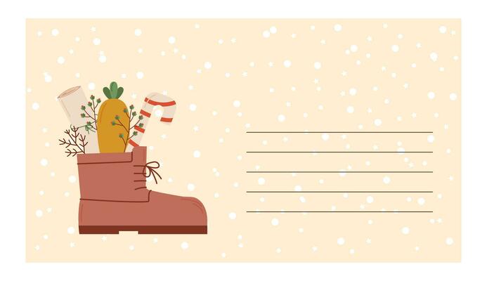 Template letter to Happy Saint Nicholas Day. Tradition shoe with carrot, note, lollipop candy. Vector flat illustration.