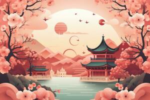 Classic oriental background with Chinese lanterns. Chinese garden landscape illustration. Chinese New Year photo