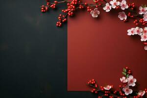 Red blank sheet for congratulations with a sakura branch. Congratulatory background photo