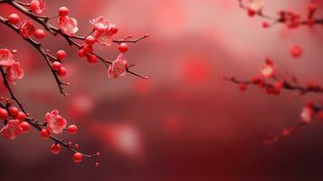 Chinese New Year Red Background with Plum Blossom and 3D Lantern Elements AI generated photo