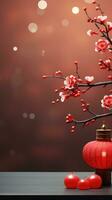 chino nuevo año rojo antecedentes con ciruela florecer y 3d linterna elementos ai generado foto
