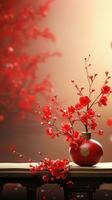 Chinese New Year Red Background with Plum Blossom and 3D Lantern Elements AI generated photo