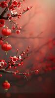 Chinese New Year Red Background with Plum Blossom and 3D Lantern Elements AI generated photo