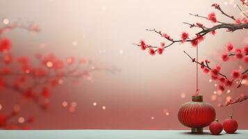 Chinese New Year Red Background with Plum Blossom and 3D Lantern Elements AI generated photo