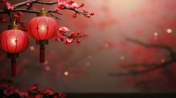 Chinese New Year Red Background with Plum Blossom and 3D Lantern Elements AI generated photo