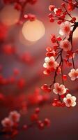 Chinese New Year Red Background with Plum Blossom and 3D Lantern Elements AI generated photo