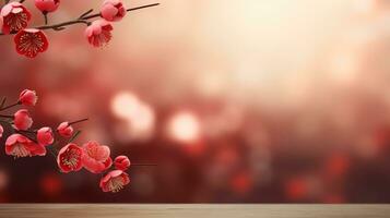 Chinese New Year Red Background with Plum Blossom and 3D Lantern Elements AI generated photo