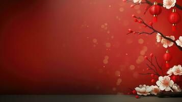 Chinese New Year Red Background with Plum Blossom and 3D Lantern Elements AI generated photo