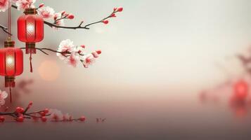 Chinese New Year Red Background with Plum Blossom and 3D Lantern Elements AI generated photo