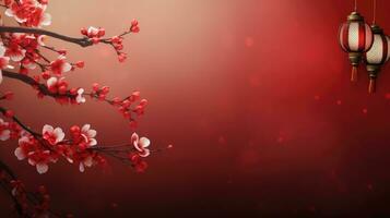 Chinese New Year Red Background with Plum Blossom and 3D Lantern Elements AI generated photo