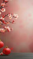 Chinese New Year Red Background with Plum Blossom and 3D Lantern Elements AI generated photo