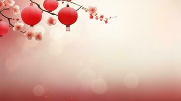 chino nuevo año rojo antecedentes con ciruela florecer y 3d linterna elementos ai generado foto