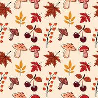 leaves, rowanberry and mushroom pattern design vector