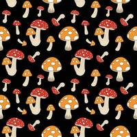 Seamless mushrooms pattern with many different colored mushrooms on a Black background vector