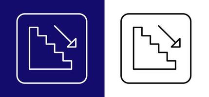 Stairs icon to the left with down arrow. Available in two colors blue, white and white, black. vector