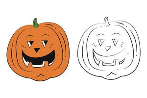 Small set of two scary Halloween pumpkins. Color, black and white flat vector illustration.