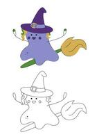 Small set of cute Halloween spirits wearing a witch hat, flying on a broom. Color, black and white flat vector illustration.