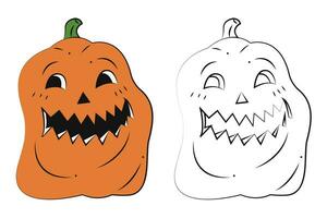 Small set with two scary Halloween pumpkins. Color, black and white flat vector illustration.