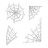 Small set with 4 spider webs as a symbol of Halloween. Black and white doodle vector illustration.