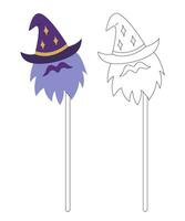 Small set with two funny carnival masks like a wizard. Color, black and white flat vector illustration.