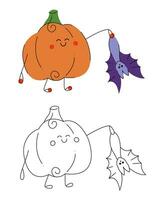 Small set of Halloween pumpkins with bat. Color, black and white flat vector illustration.