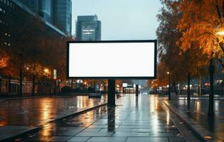 Empty billboard on a big city street in the evening. AI generated photo