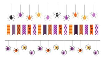 Halloween garlands. Bunting set with spiders, flags, eyes. Design elements for banner, poster, advertising, scrapbooking. Vector illustration on white background.