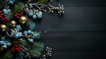 Navidad antecedentes con decoración con abeto ramas y rojo bayas en oscuro azul madera mesa, invierno fiesta saludo concepto, generativo ai foto