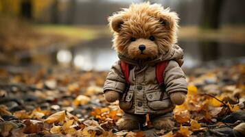 Lonely Teddy bear doll standing alone with blurry autumn forest background,Lost brown bear toy looking sad,International missing children's day,Generative Ai photo