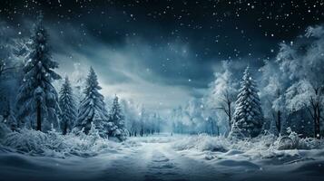 invierno paisaje hermosa naturaleza con Nevado en oscuro noche a bosque pino árbol con estrellas ligero en azul cielo y nube generativa ai foto
